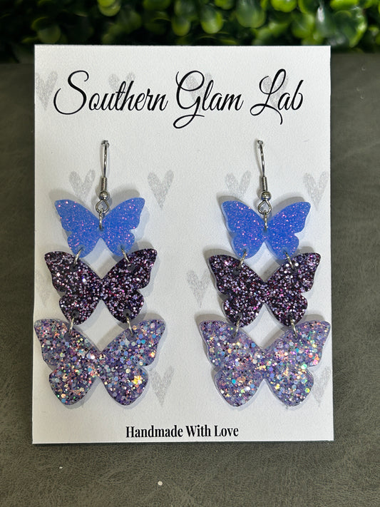 Purple Glitter Trio Butterfly Earrings