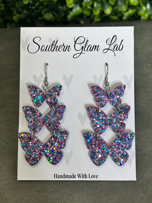 Blue and Pink Glitter Butterfly Trio Earrings