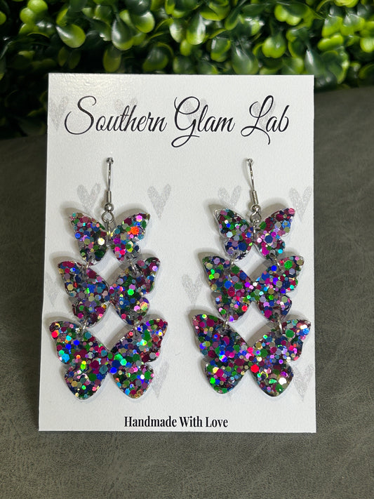 Bold Multi Glitter Butterfly Trio Earrings