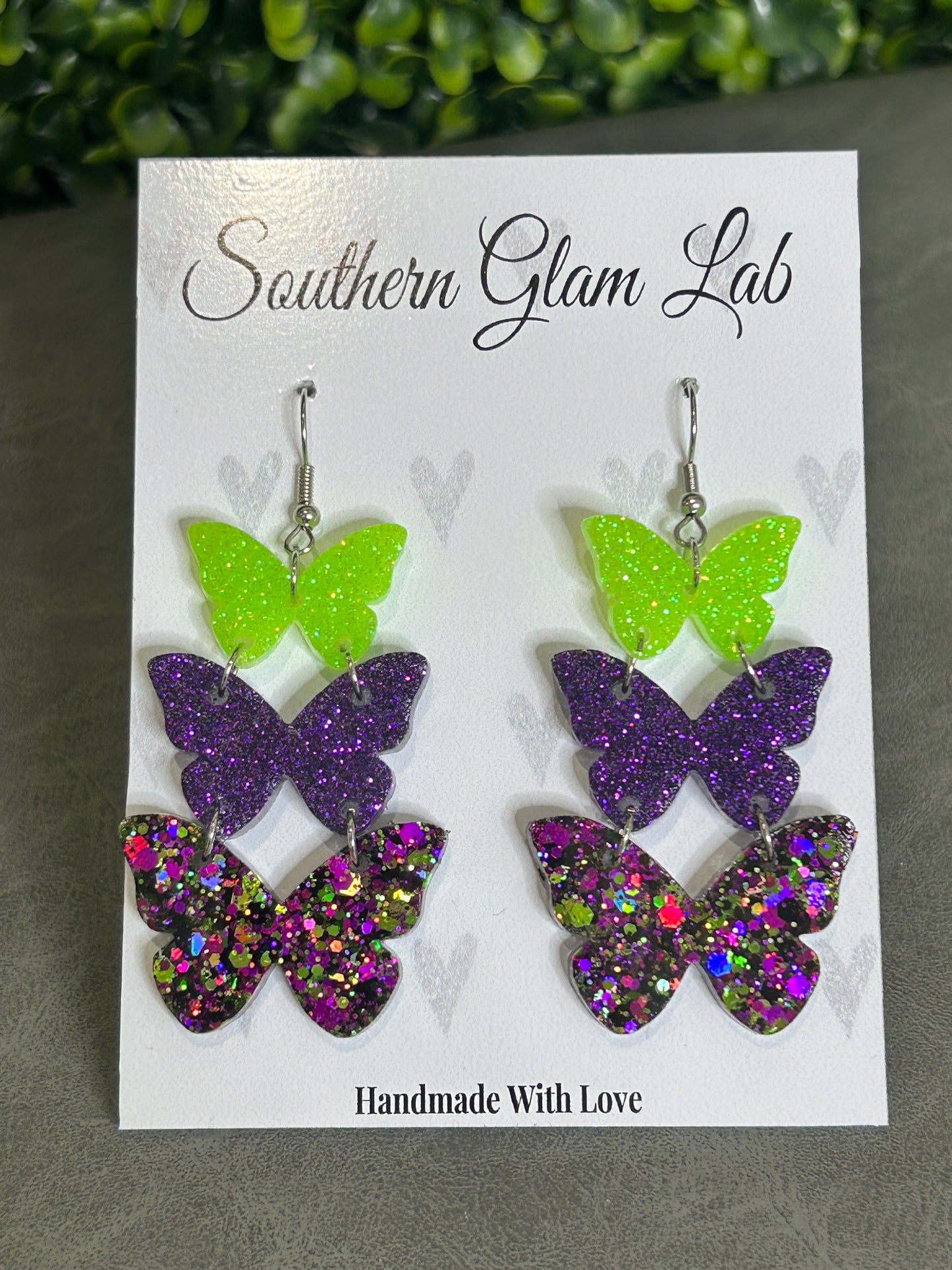 Green & Purple Glitter Butterfly Trio Earrings