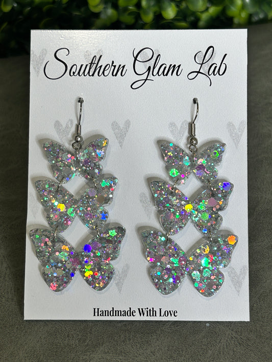 Silver Sparkle Glitter Butterfly Trio Earrings