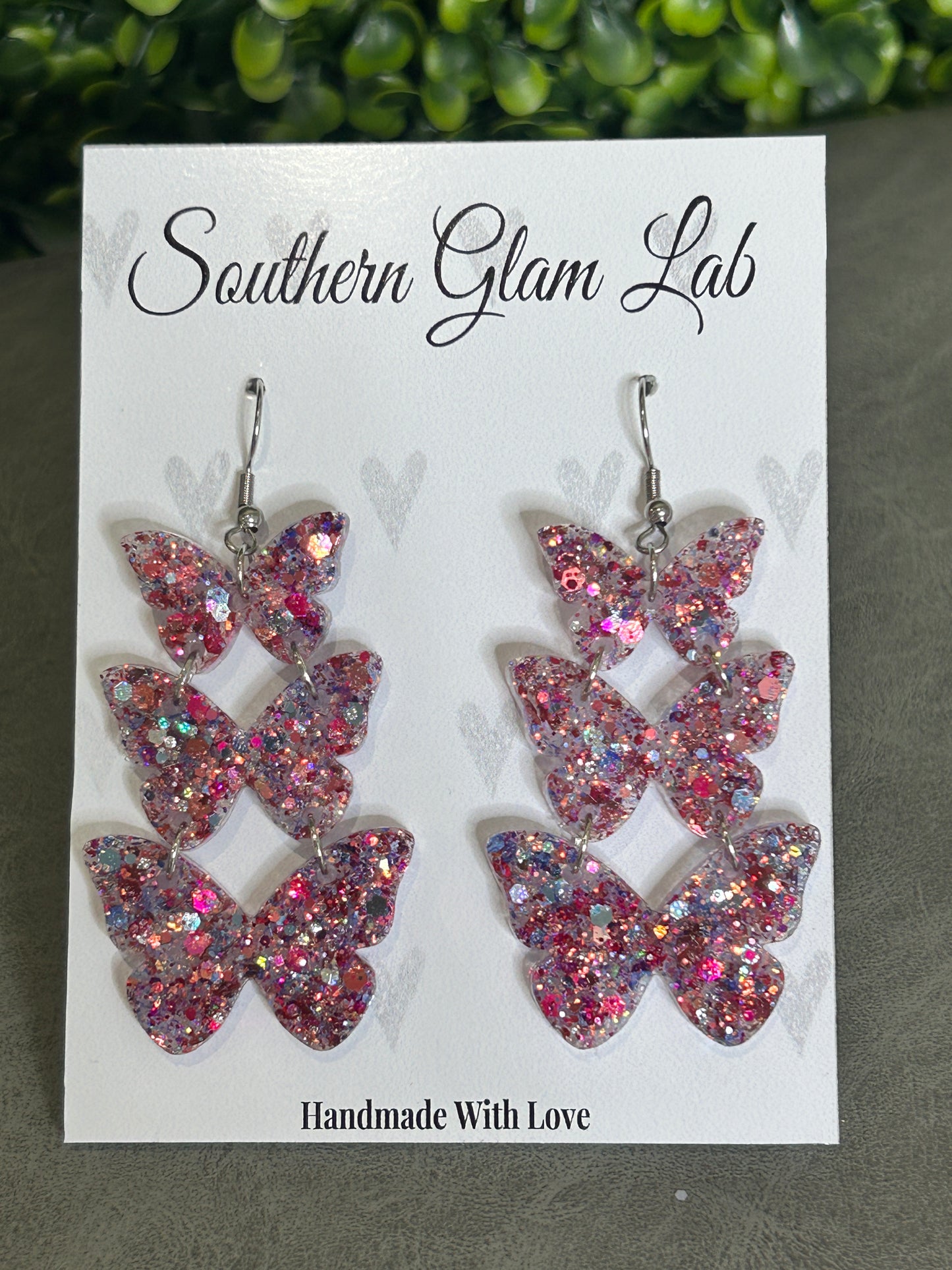 Pink Burst Glitter Butterfly Trio Earrings