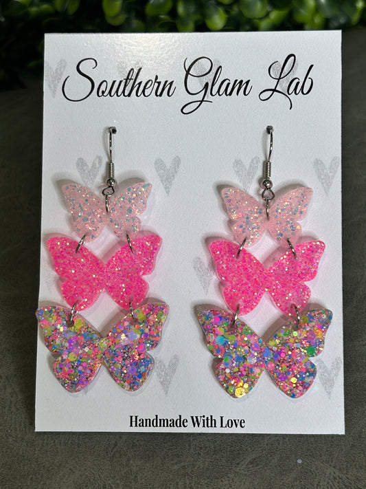 Multi Pink Glitter Butterfly Trio Earring