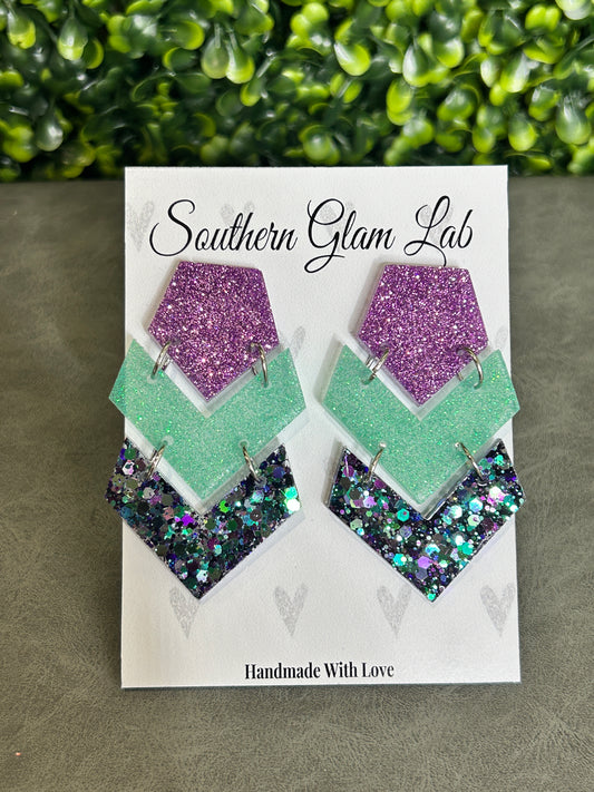 Purple/Mint Triple Chevron Glitter Earring