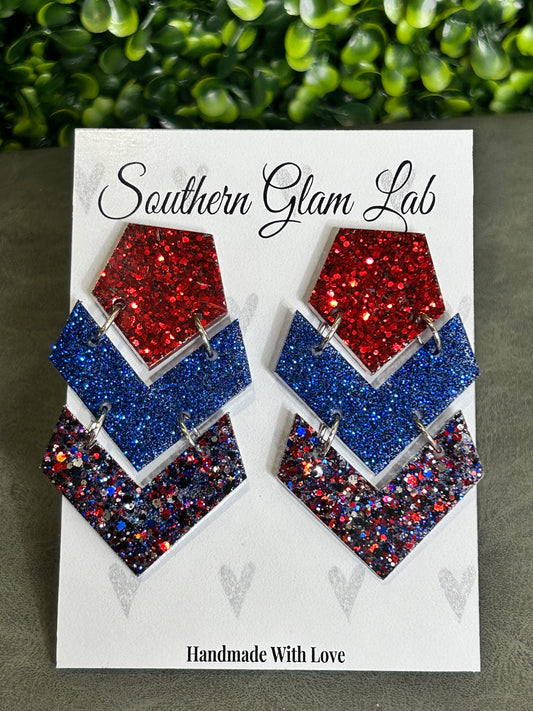 Red, White, and Blue Triple Chevron Glitter Earring