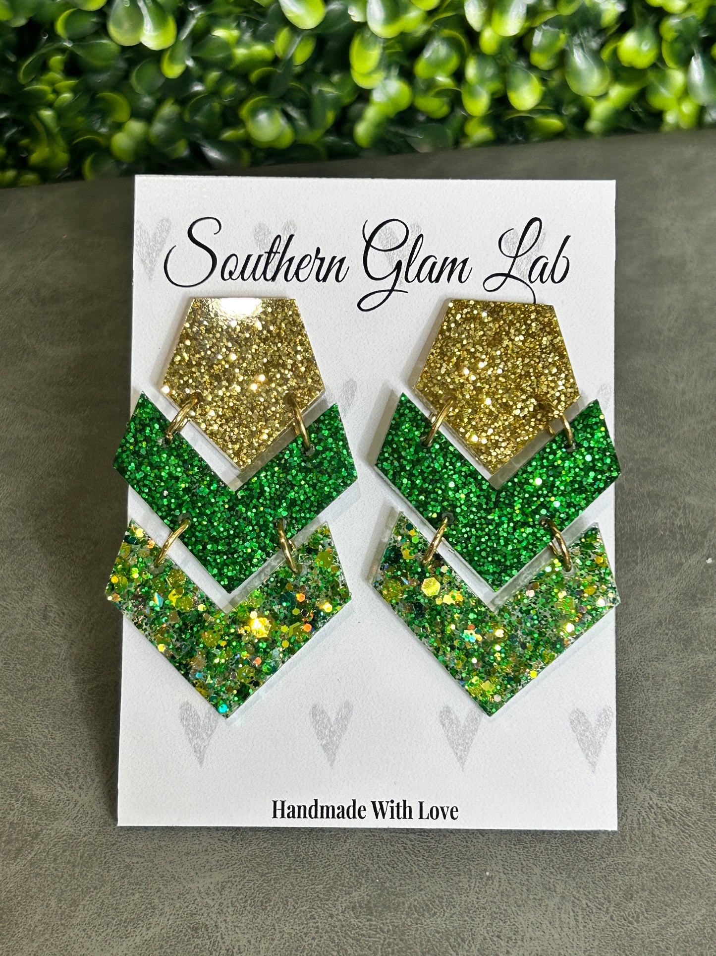 Green/Gold Triple Chevron Glitter Earring