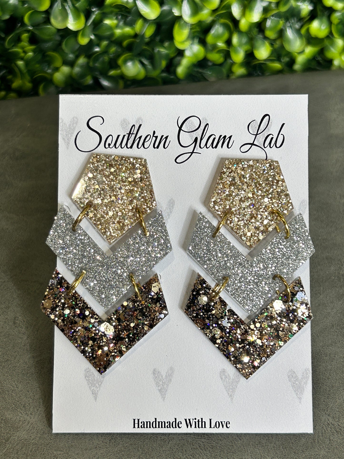 Silver/Gold Triple Chevron Glitter Earring