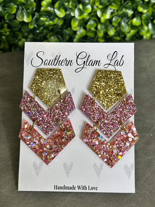 Rose Gold Triple Chevron Glitter Earring