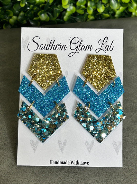 Blue Gold Triple Chevron Glitter Earring