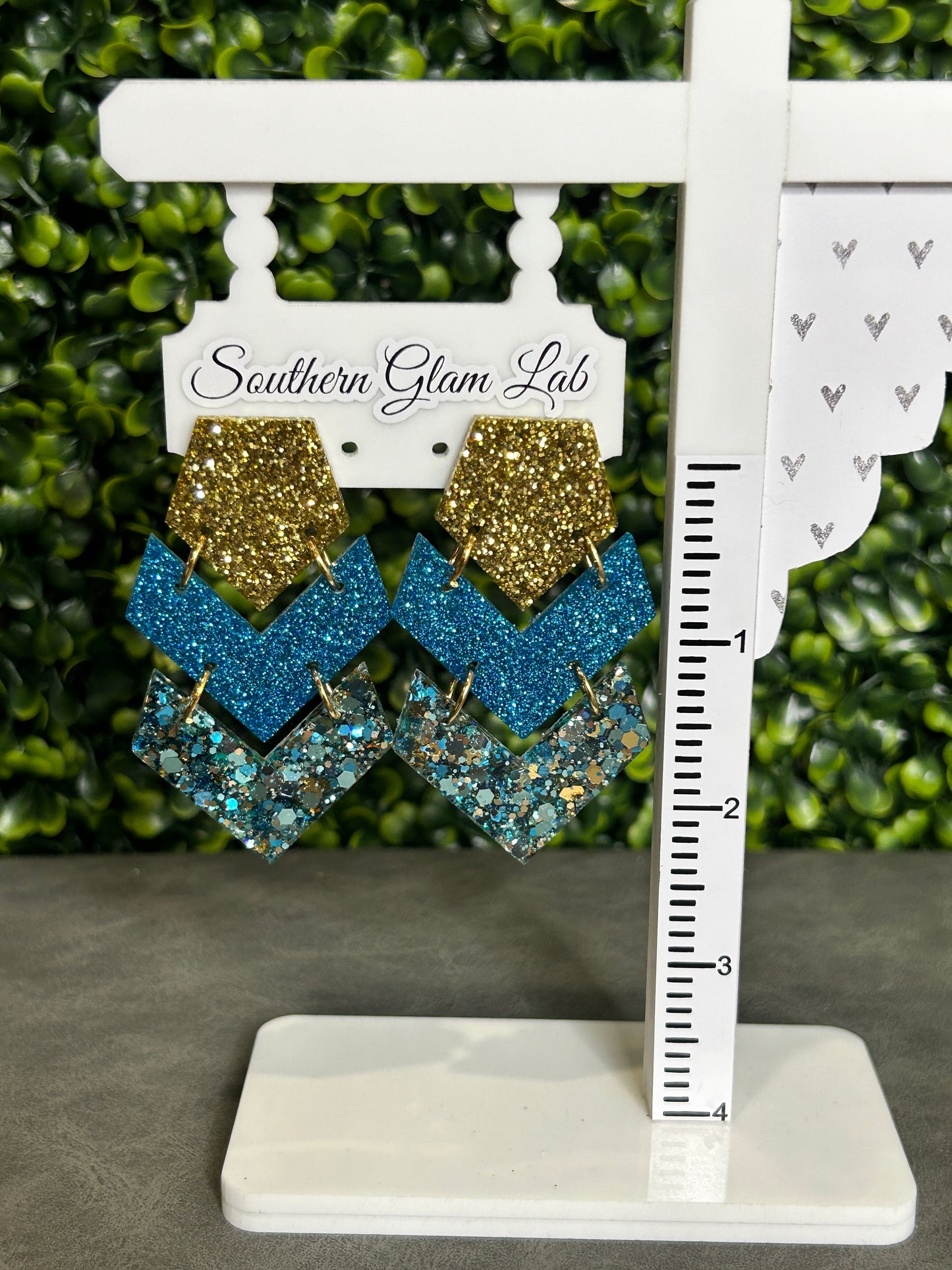 Blue Gold Triple Chevron Glitter Earring