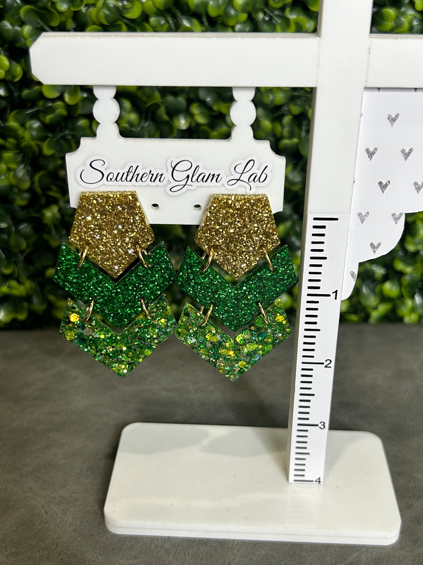 Green/Gold Triple Chevron Glitter Earring