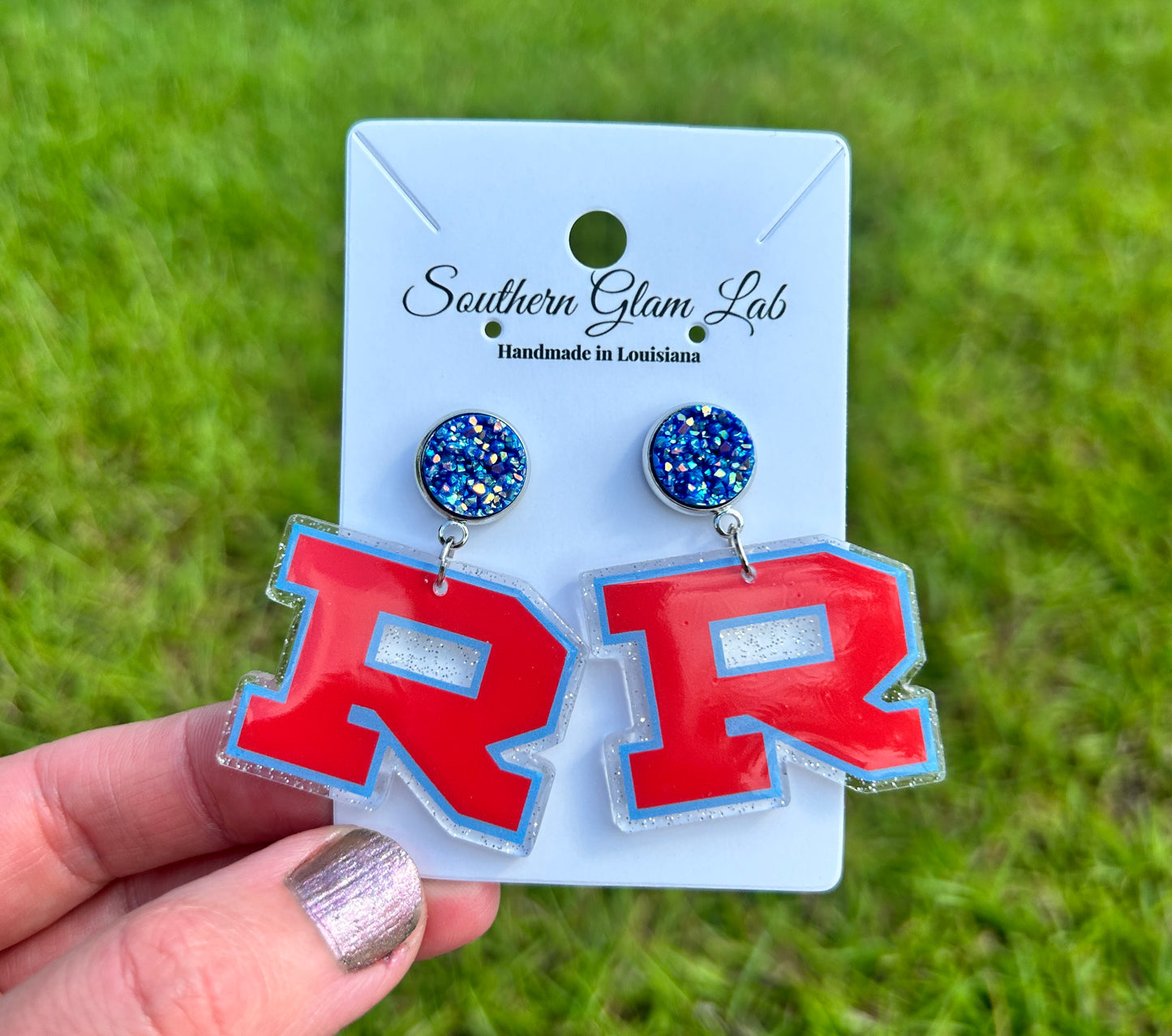 sparkle earrings  lightweight earring  hypoallergenic earring  Glitter Earrings  School Spirit Earring  Rummel High School  Game Day Earrings  High School Earrings