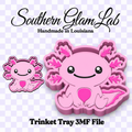 A digital product preview for a Southern Glam Lab handmade in Louisiana trinket tray 3D file, featuring a cute pink axolotl design on a lavender and white checkered background.