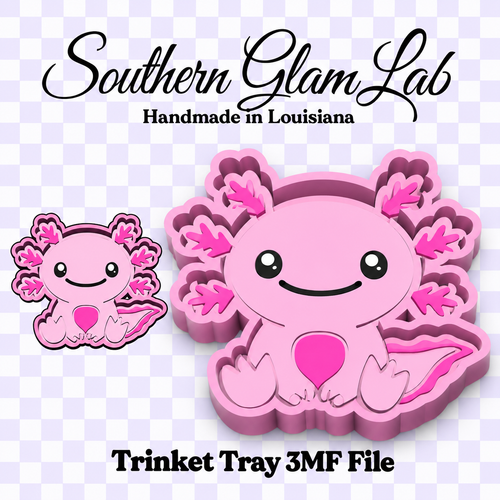 A digital product preview for a Southern Glam Lab handmade in Louisiana trinket tray 3D file, featuring a cute pink axolotl design on a lavender and white checkered background.