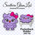 A product listing graphic for a Southern Glam Lab owl-shaped pocketback holder. The design shows a purple cartoon owl with a pink bow and orange beak, alongside a white ring-shaped holder with the same owl printed on it.