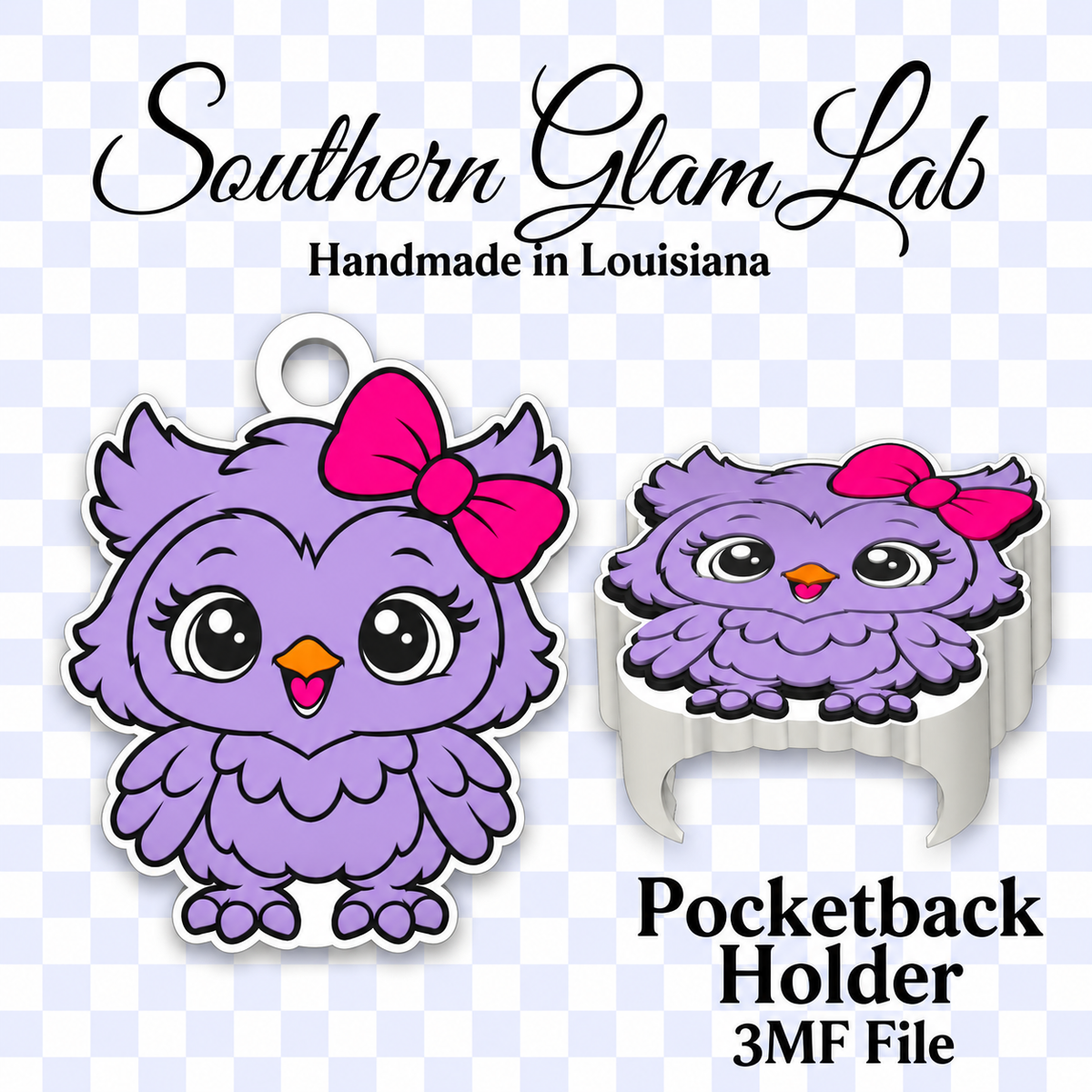 A product listing graphic for a Southern Glam Lab owl-shaped pocketback holder. The design shows a purple cartoon owl with a pink bow and orange beak, alongside a white ring-shaped holder with the same owl printed on it.