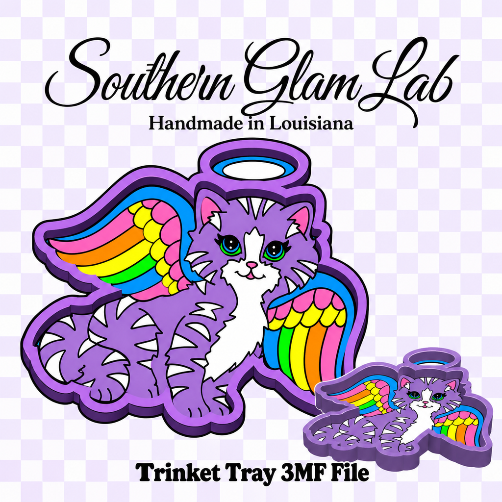 Digital design preview for a Southern Glam Lab handcrafted Louisiana angel cat trinket tray. The main design shows a purple and white cat with vibrant rainbow wings and a halo, alongside a smaller matching tray silhouette on a light purple and white checkered background.