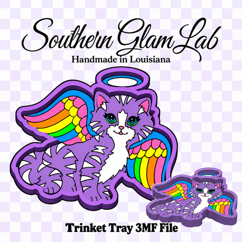 Digital design preview for a Southern Glam Lab handcrafted Louisiana angel cat trinket tray. The main design shows a purple and white cat with vibrant rainbow wings and a halo, alongside a smaller matching tray silhouette on a light purple and white checkered background.