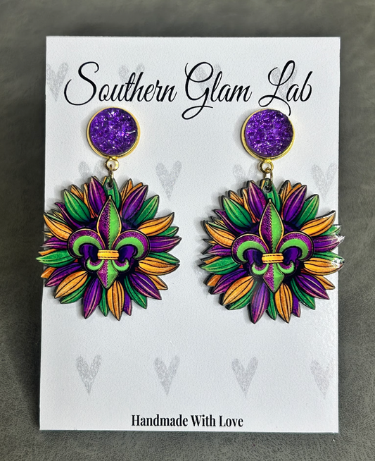 Mardi Gras Fleur De Lis Flower Earrings