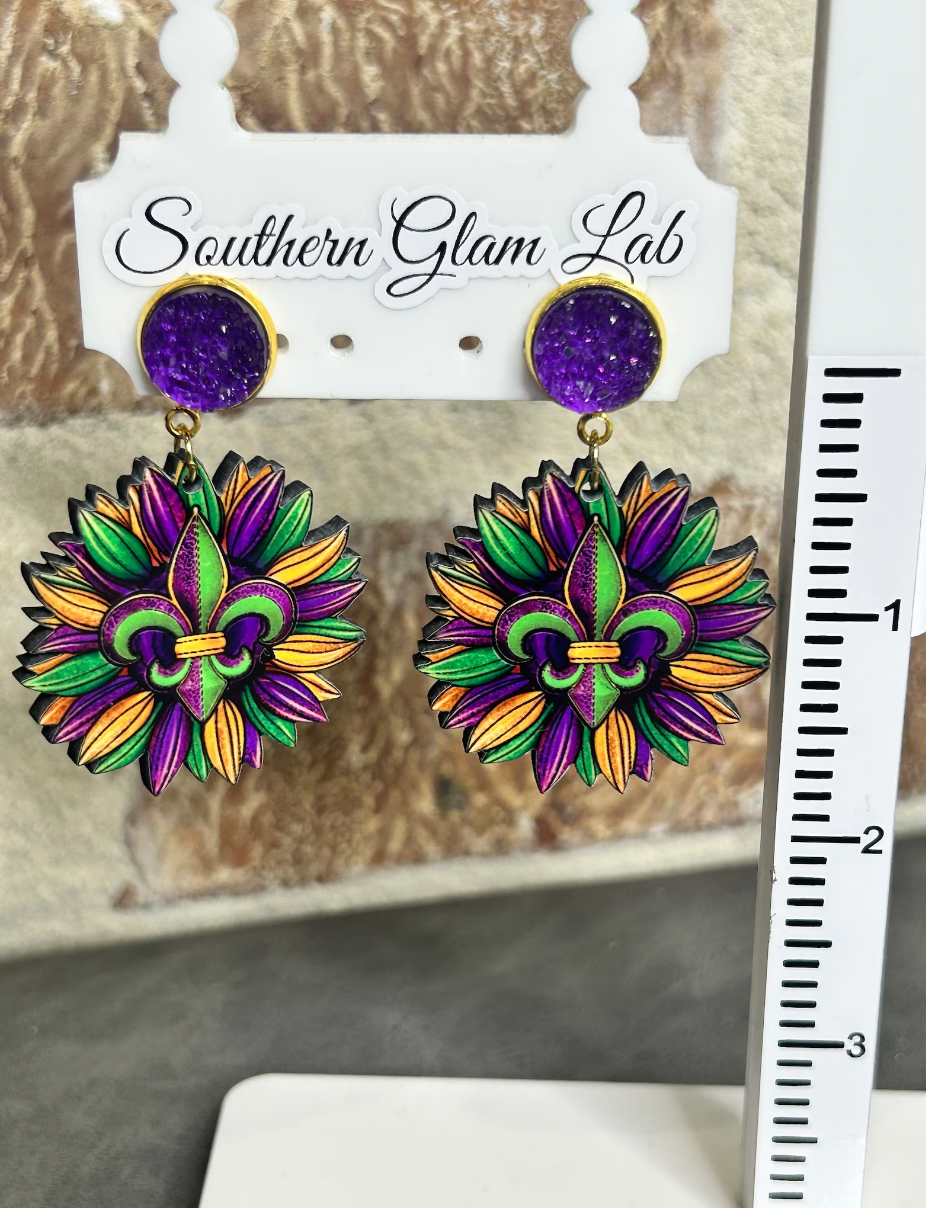 Mardi Gras Fleur De Lis Flower Earrings