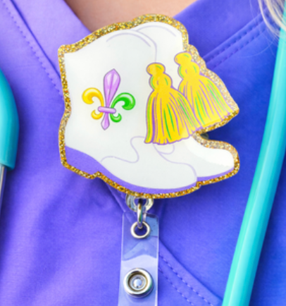 Mardi Gras Majorette Boots Badge Reel
