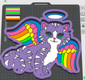 A colorful digital illustration of a purple angel cat with rainbow wings and a white halo, shown on a dark grid design canvas with color swatches and interface icons.