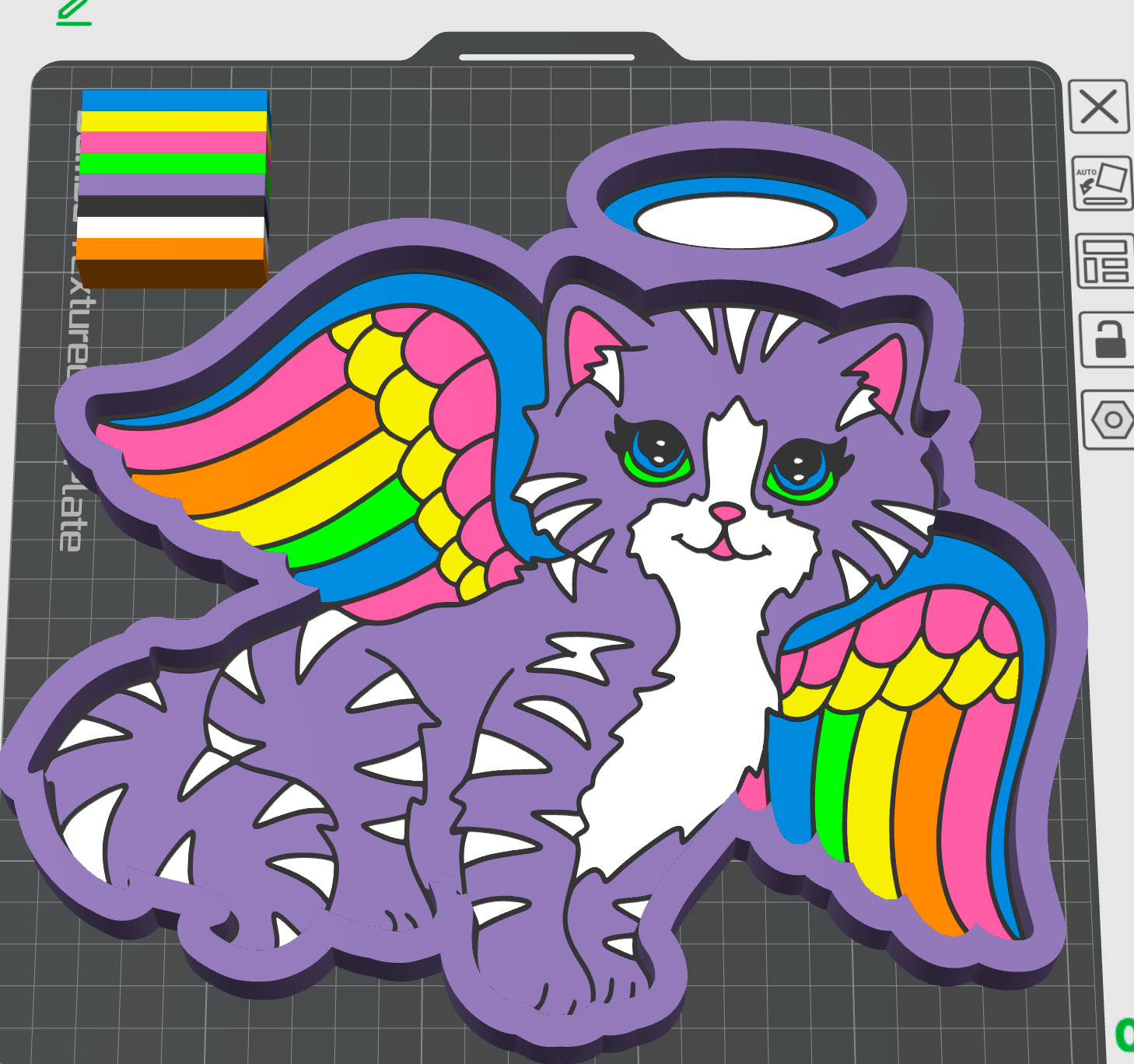 A colorful digital illustration of a purple angel cat with rainbow wings and a white halo, shown on a dark grid design canvas with color swatches and interface icons.