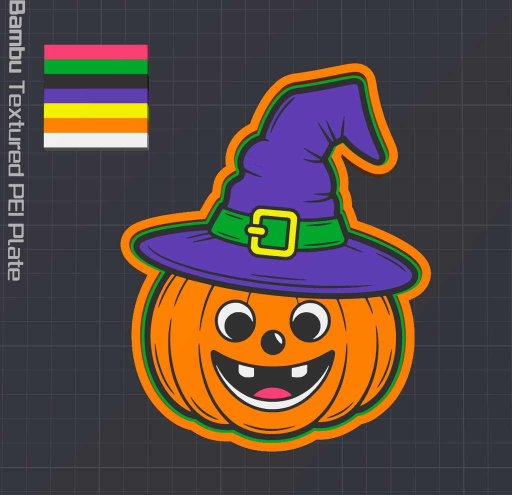 A Halloween-themed pumpkin graphic wearing a purple witch hat with a green band and yellow buckle, shown on a dark gray grid background. Text on the left reads 'Gambly Textured PE Plate,' and a small color swatch block appears above the pumpkin.