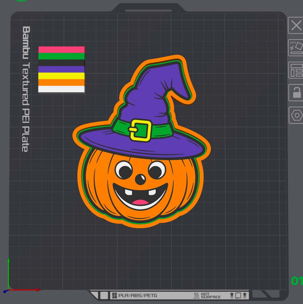 A digital design preview of a Halloween pumpkin sticker or decal on a dark grid workspace background. The pumpkin is orange with a smiling face and wears a purple witch hat with a green band and gold buckle.