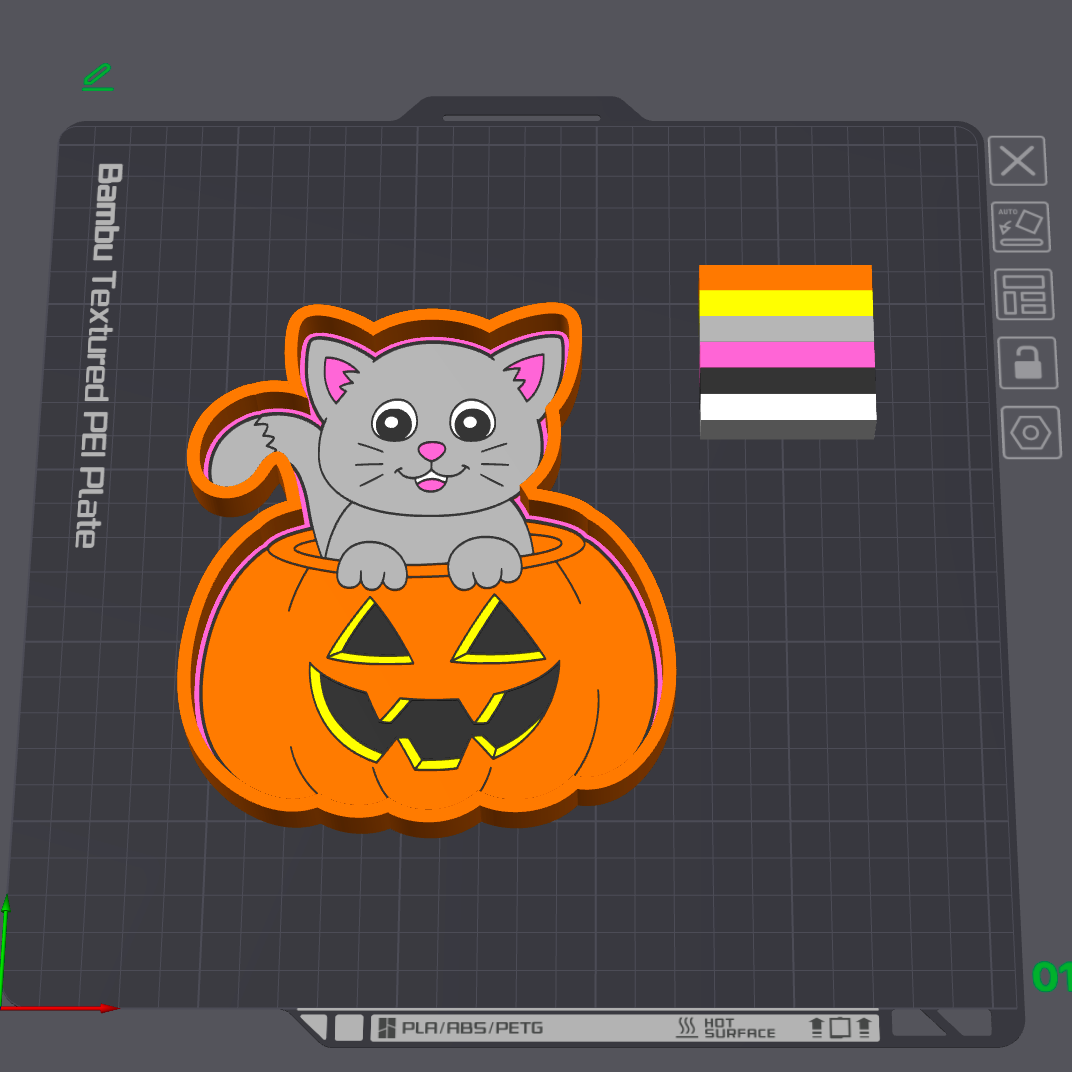 A 3D render of a custom 3D-printed pin on a Bambu Bed Pro 2 plate. The pin depicts a cute gray cat with pink ears peeking out of an orange jack-o'-lantern pumpkin.