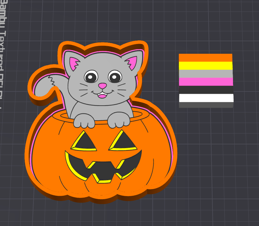 A cartoon-style product graphic showing a gray cat peeking out of a jack-o'-lantern pumpkin. The design has a dark gray grid background, with a small color swatch panel on the right showing orange, yellow, pink, gray, and white stripes.