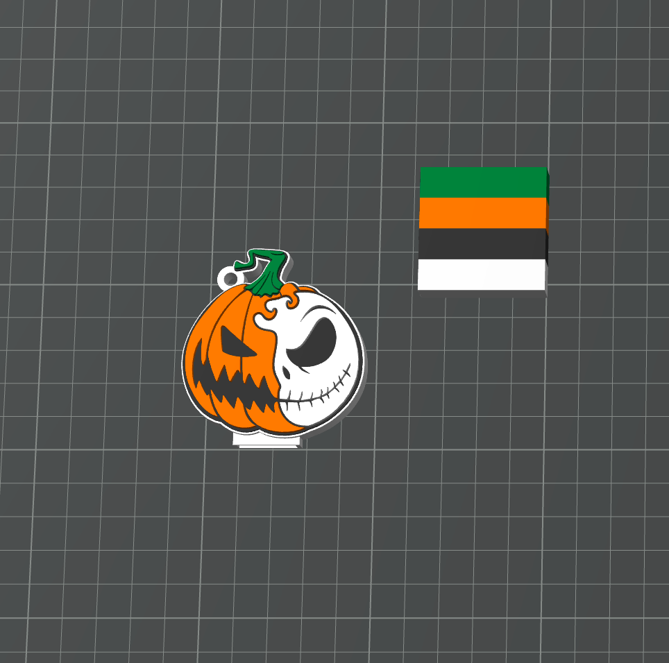 A Halloween-themed enamel pin featuring a split pumpkin design with Jack Skellington's face on one side and a green pumpkin stem on the other, shown next to a small rectangular flag graphic on a dark gray grid background.
