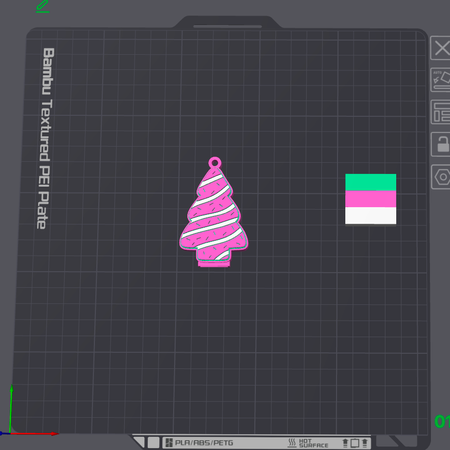 A 3D print preview of a textured pegboard insert, showing a pink and white striped pine tree ornament design on a dark gray Bambu Textured PG Plate, alongside a color swatch of green, pink, and white.