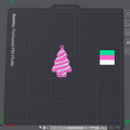 A 3D print preview of a textured pegboard insert, showing a pink and white striped pine tree ornament design on a dark gray Bambu Textured PG Plate, alongside a color swatch of green, pink, and white.
