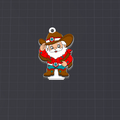 A cartoon Santa Claus cowboy charm or badge with a white hanging loop, featuring a brown hat, red outfit, teal pants, and brown boots, centered on a dark gray grid background.
