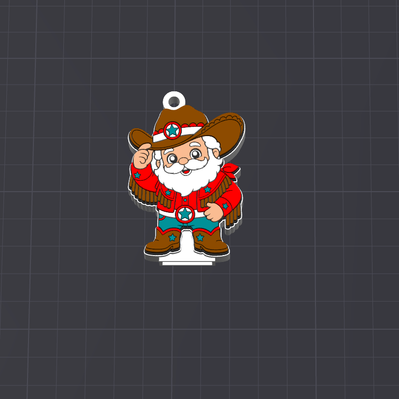 A cartoon Santa Claus cowboy charm or badge with a white hanging loop, featuring a brown hat, red outfit, teal pants, and brown boots, centered on a dark gray grid background.