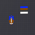 A small football-shaped charm or ornament with a blue bow, shown alongside a separate horizontal striped patch or swatch on a dark grid background.
