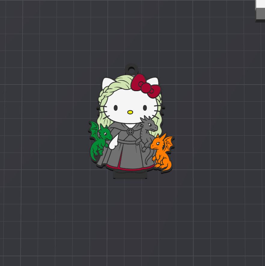 A cartoon-style Hello Kitty-inspired character charm or pin with pale green braided hair, a red bow, a gray dress, and three small dragons in green, gray, and orange, centered on a dark gray grid background.