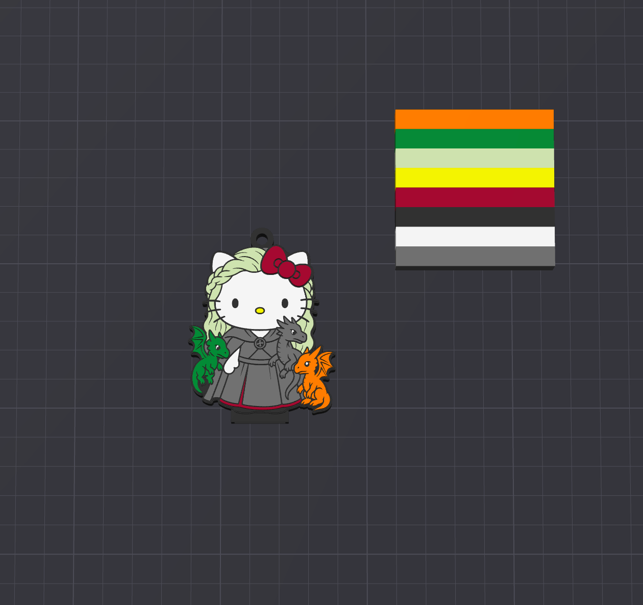 A Hello Kitty character enamel pin or sticker design on a dark gray grid background, alongside a vertical multicolor flag graphic with orange, green, yellow, red, white, and black stripes.