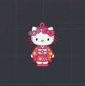 A Hello Kitty character illustration centered on a dark gray grid background, wearing a pink kimono with yellow and purple floral details and a pink bow on her head.