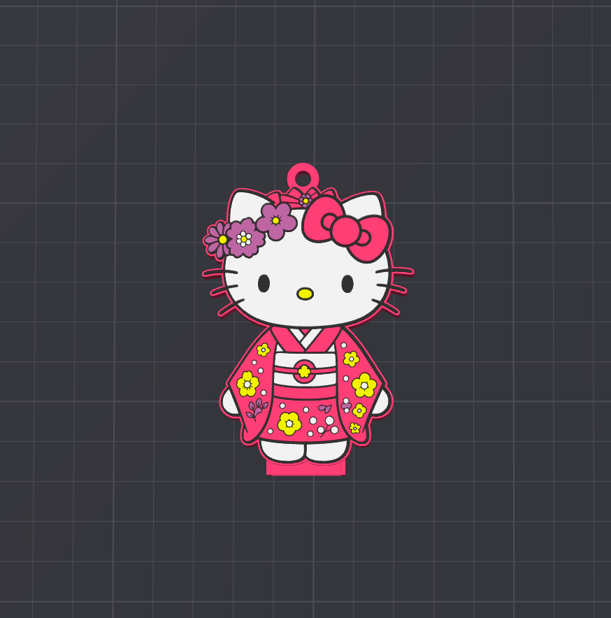 A Hello Kitty character illustration centered on a dark gray grid background, wearing a pink kimono with yellow and purple floral details and a pink bow on her head.