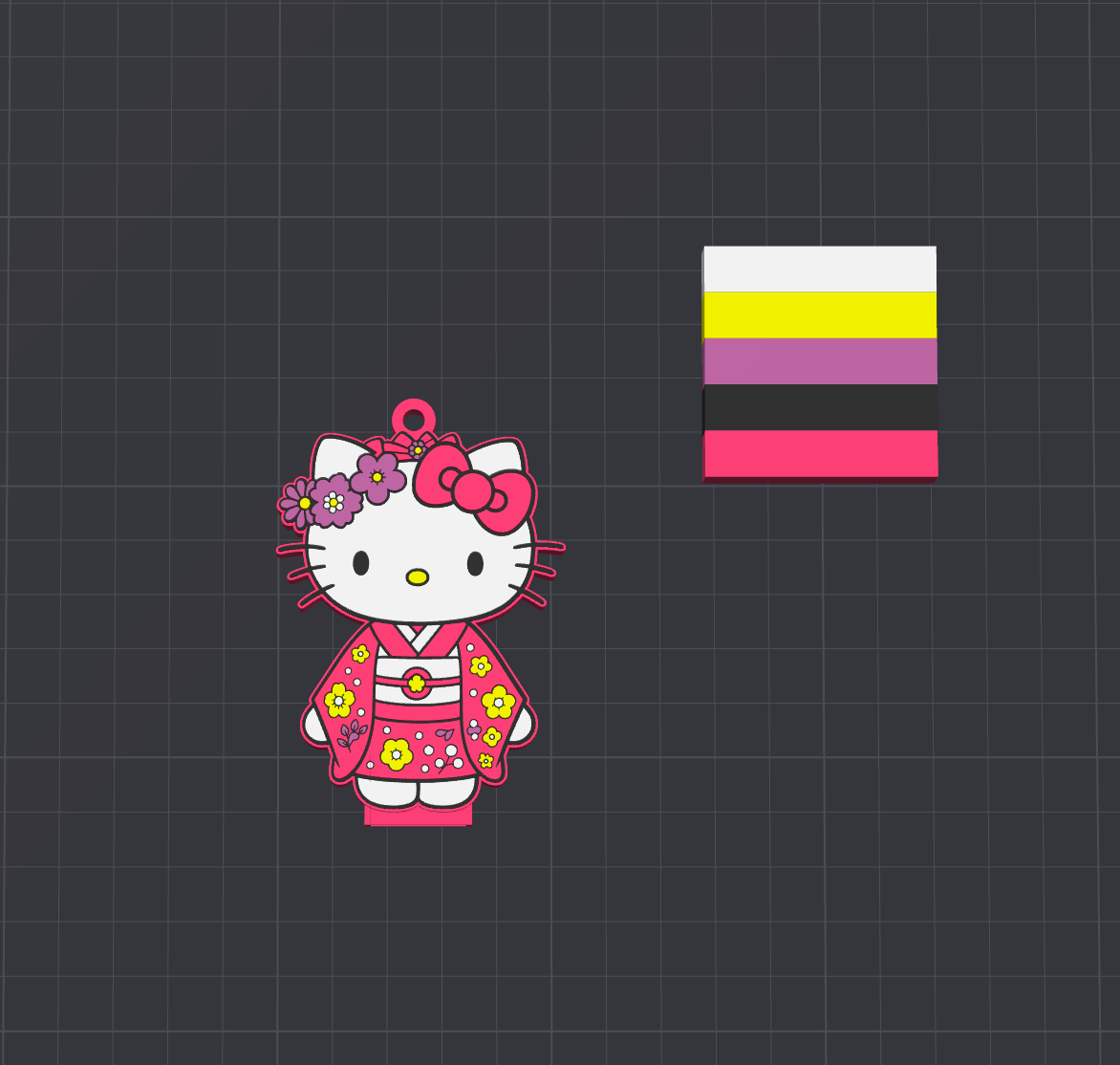 A Hello Kitty character graphic wearing a pink floral kimono, shown beside a four-color horizontal stripe swatch on a dark gray grid background.