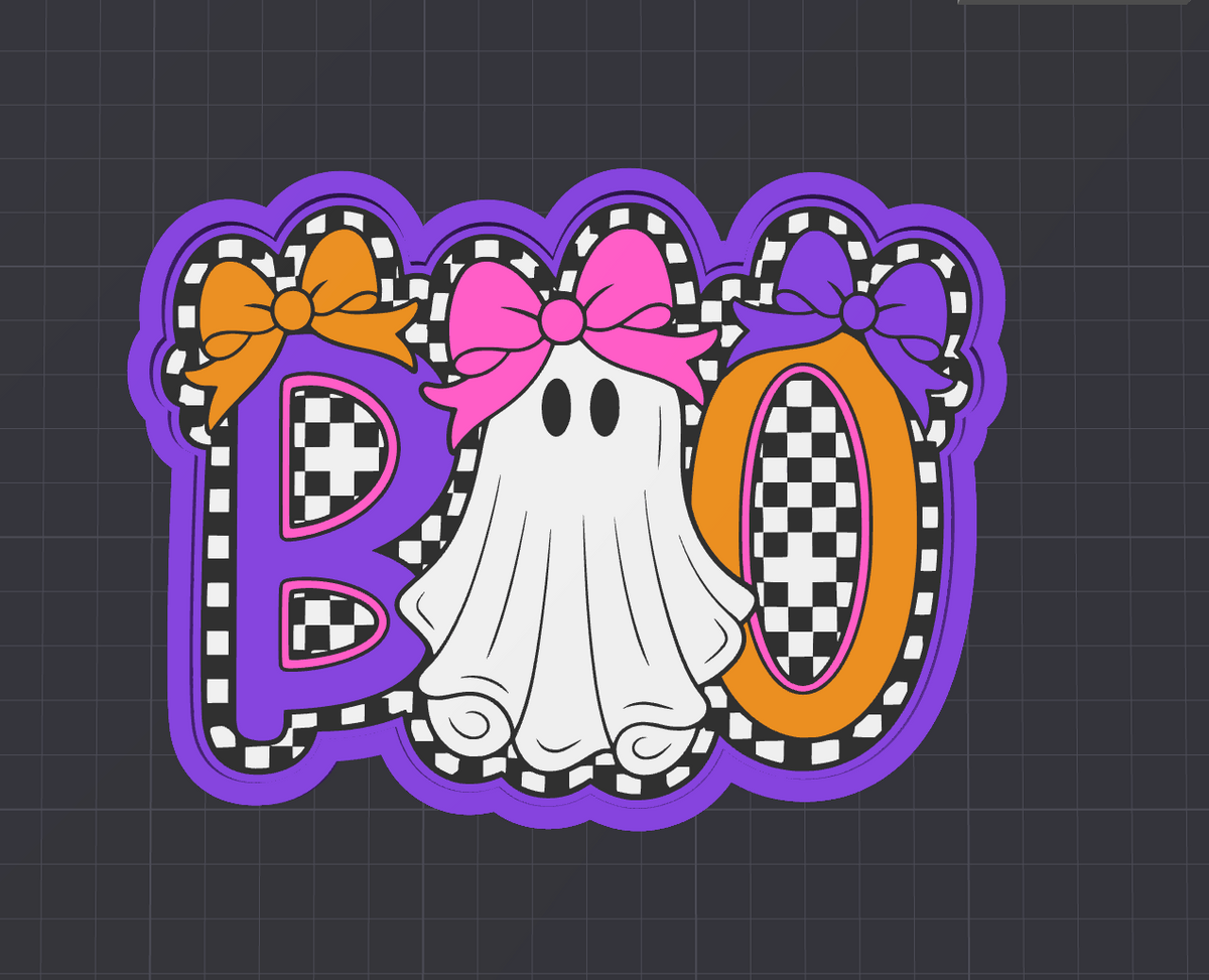 A Halloween-themed decorative graphic reading “BOO” with a white ghost in the center, a pink bow, orange and purple lettering, and a black-and-white checker pattern on a dark grid background.