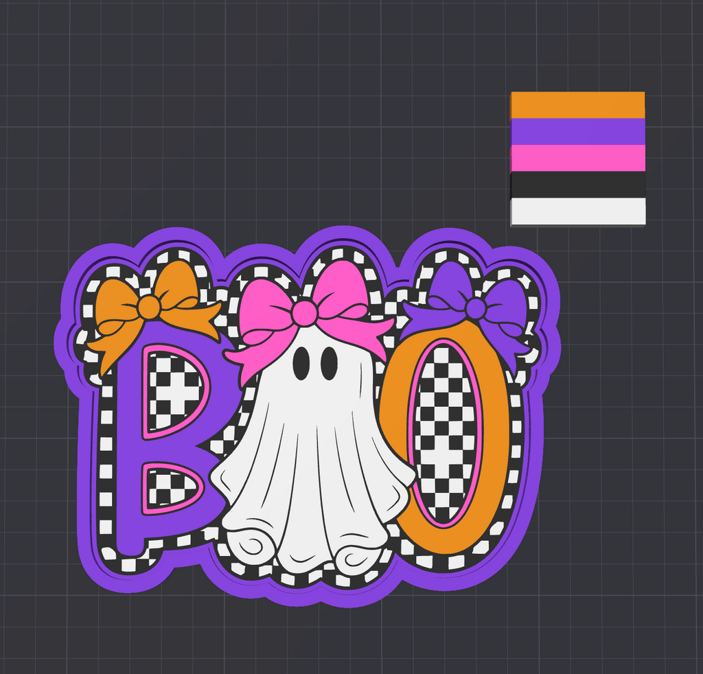 A Halloween-themed decorative graphic reading “BOO” in large stylized letters, with a white ghost in the center, orange and purple bows, a purple border, and a small color palette swatch in the top right on a dark grid background.