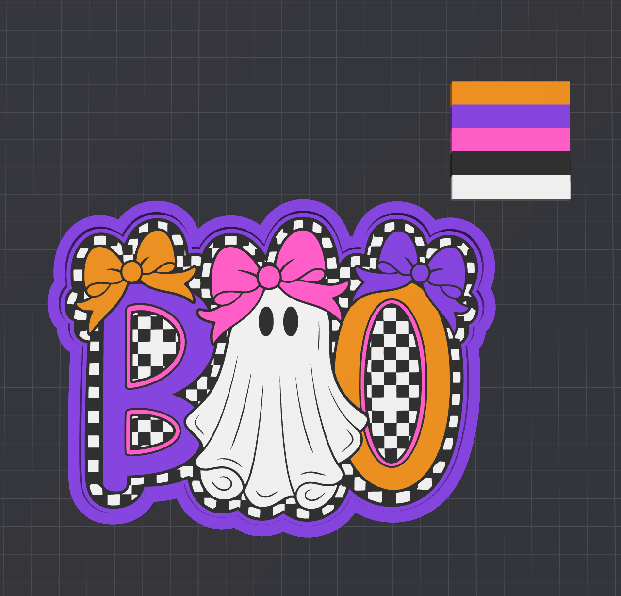 A Halloween-themed decorative graphic reading “BOO” in large stylized letters, with a white ghost in the center, orange and purple bows, a purple border, and a small color palette swatch in the top right on a dark grid background.
