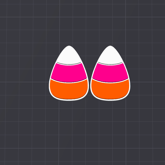 Two candy corn-shaped earrings with white, pink, and orange stripes outlined in white, displayed on a dark gray grid background.
