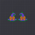 A pair of purple witch hat earrings with orange bows and green outlines, displayed on a dark gray grid background.