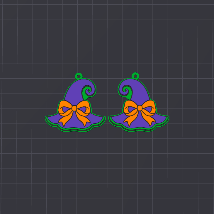 A pair of purple witch hat earrings with orange bows and green outlines, displayed on a dark gray grid background.