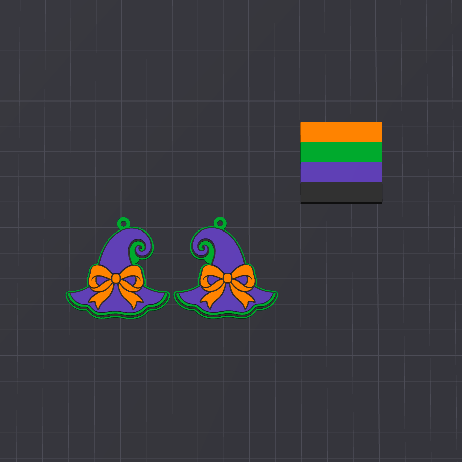 Two purple witch hat earrings with orange bows and green brims, shown next to a small rectangular flag graphic on a dark grid background.