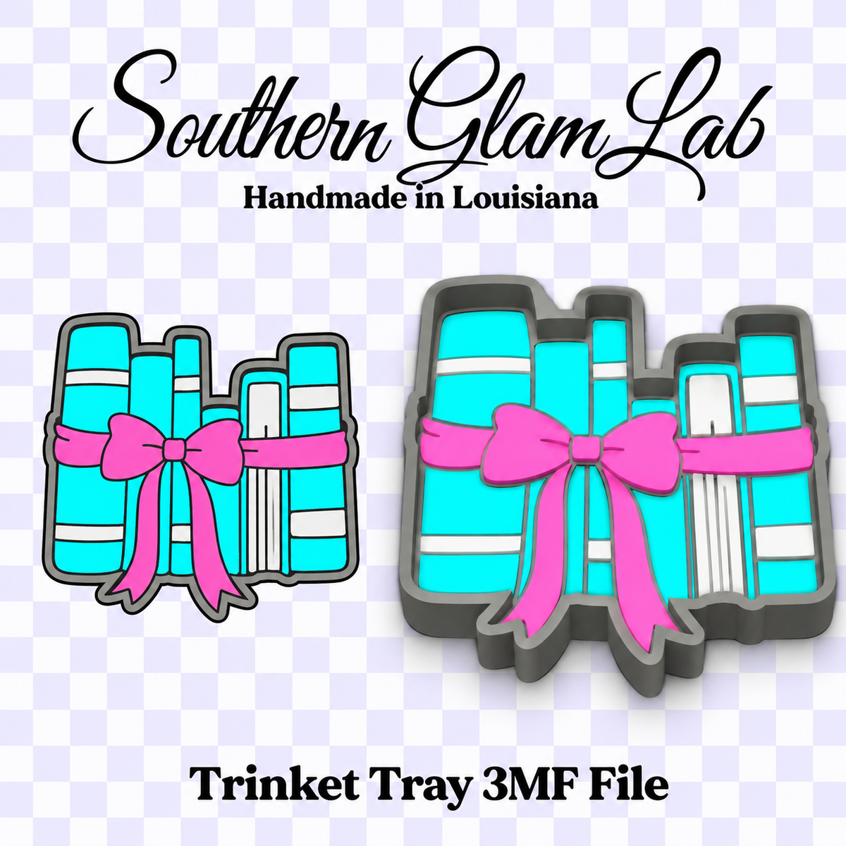 Digital product listing graphic for a Southern Glam Lab 'Trinket Tray 3MF File' featuring two 3D renders of a gray metal tray shaped like a stack of turquoise and white books tied with a bright pink ribbon, on a checkered transparency-style background.